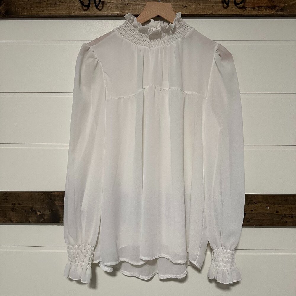 🤍 Boohoo Sheer Smocked Blouse – Ivory | Size US 6 Romantic/Coquette/Cottagecore